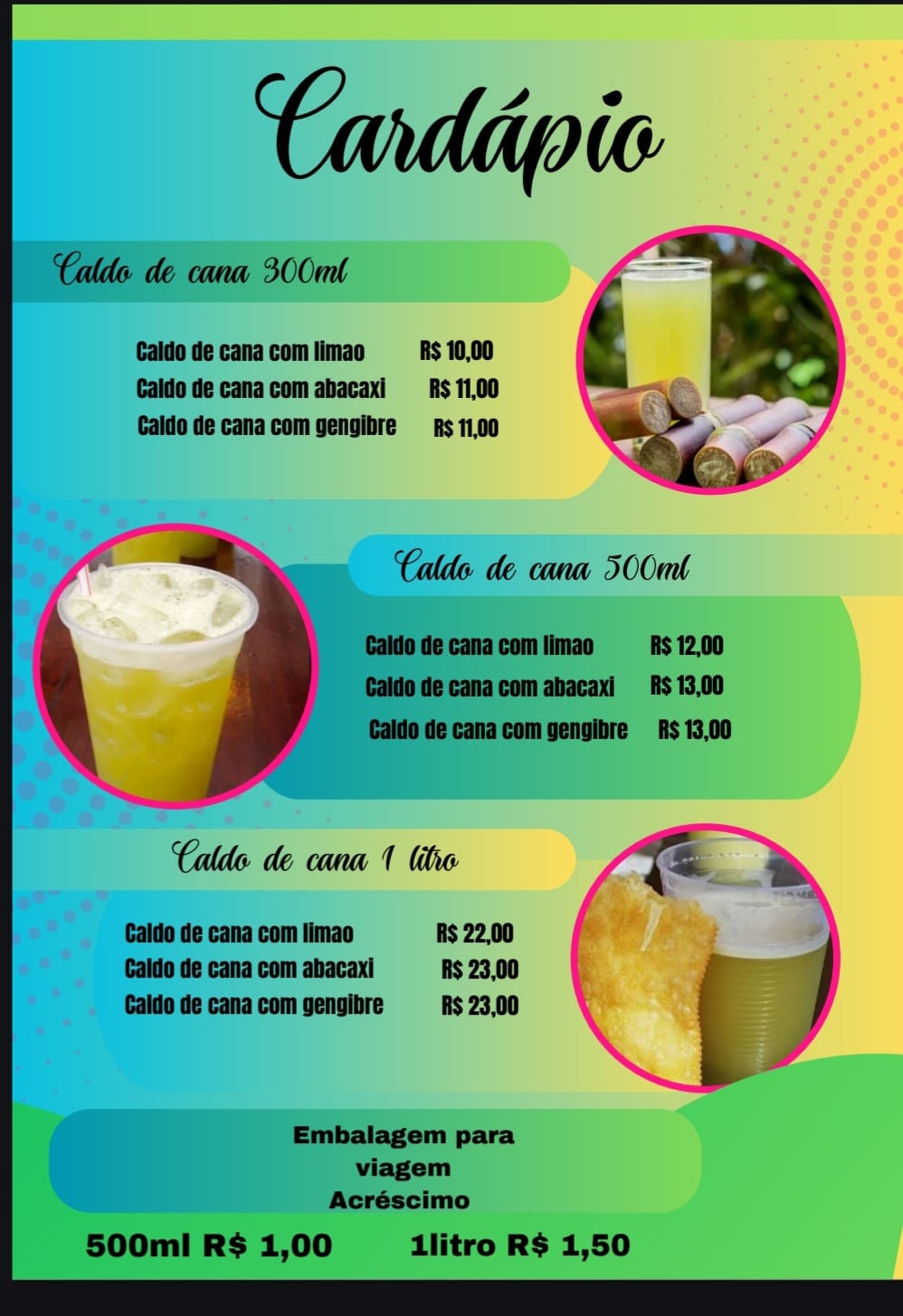Cardápio caldo de cana